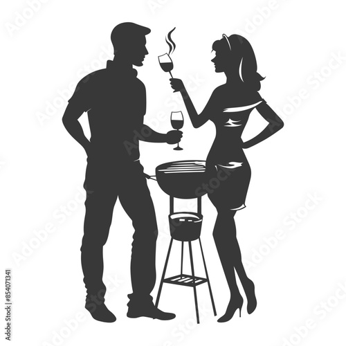 Silhouette Grill: Couple Toasting Wine, Backyard Barbecue Romance.