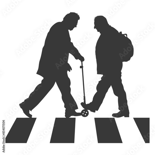 Silhouette Crossing: Man on Scooter & Backpack Traveler at Zebra Stripes.