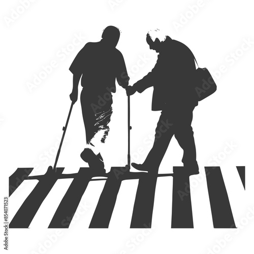 Silhouetted Elderly Couple, Amputee and Companion, Crosswalk Assistance.
