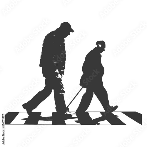 Silhouetted Elderly Couple Crossing Zebra Stripes with Cane, Downcast Gaze.