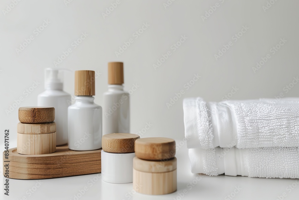 Natural skin care cosmetic tubes. Bathroom shelf with various hygiene accessories. Spa towel, different containers natural wood, brown glass. Bio beauty products. Light gray background. Shampoo, soap Natural skin care cosmetic tubes. Bathroom shelf with various hygiene accessories. Spa towel, different containers natural wood, brown glass. Bio beauty products. Light gray background. Shampoo, soap