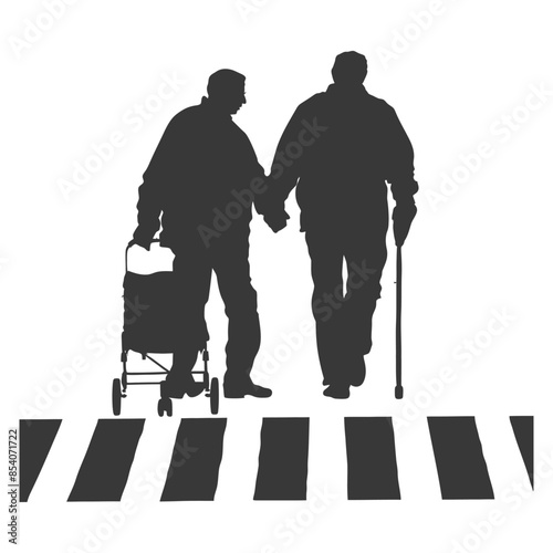 Silhouette Seniors Crossing: Hand in Hand, Assistance, Zebra Stripes.