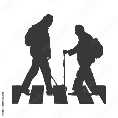 Silhouette Duo: Crossing with a Cane & Collapsible Cart on Zebra Stripes.