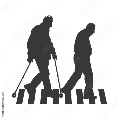 Silhouetted Seniors: Zebra Crossing, Cane & Stooped Posture