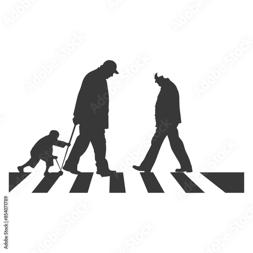 Silhouetted Seniors: Zebra Crossing Aided, Aged Transition, Mortality's Shadow.