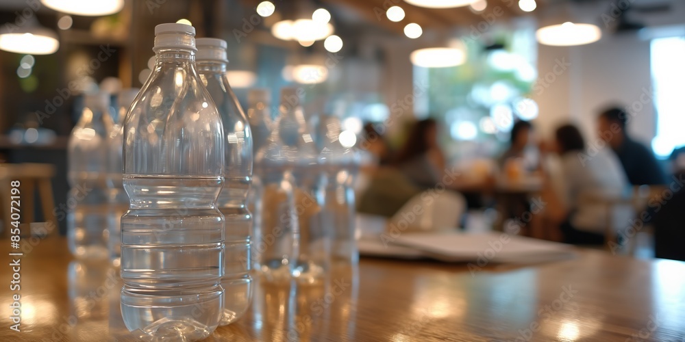 Close-Up of Plastic Water Bottles on Table in a Meeting Room. Empty Water Bottles in Conference Room Setting Close-Up of Plastic Water Bottles on Table in a Meeting Room. Empty Water Bottles in Conference Room Setting