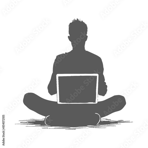 Silhouette: Man in Lotus Position Working on Laptop, Digital Nomad Illustration.
