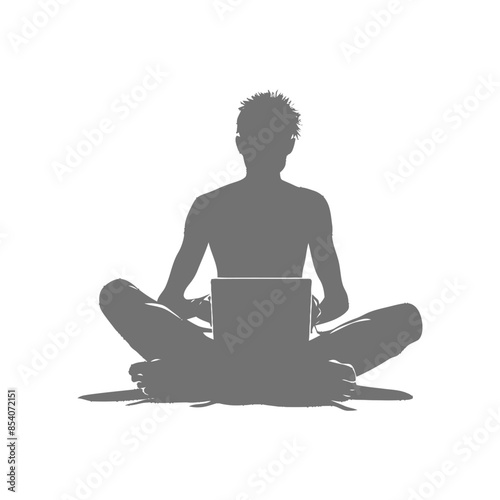 Silhouette: Man Meditating with Laptop, Cross-Legged on White.