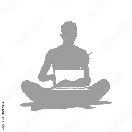Silhouette: Man Meditating Cross-Legged with Laptop, Stylus, Digital Nomad