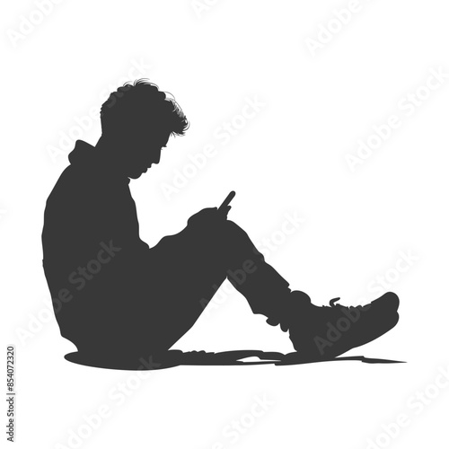 Silhouette of Seated Young Man Absorbed in Phone, Isolated on White.
