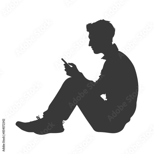 Isolated Silhouette: Young Man Seated, Cross-Legged, Absorbed in Mobile Phone, White Background.