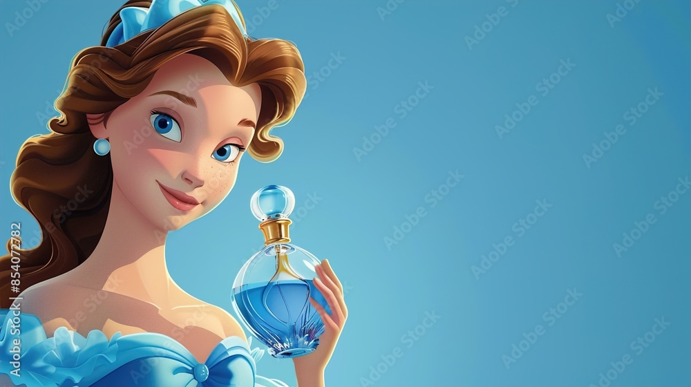 A cartoon princess holding a bottle of perfume on a bright blue background. A cartoon princess holding a bottle of perfume on a bright blue background.
