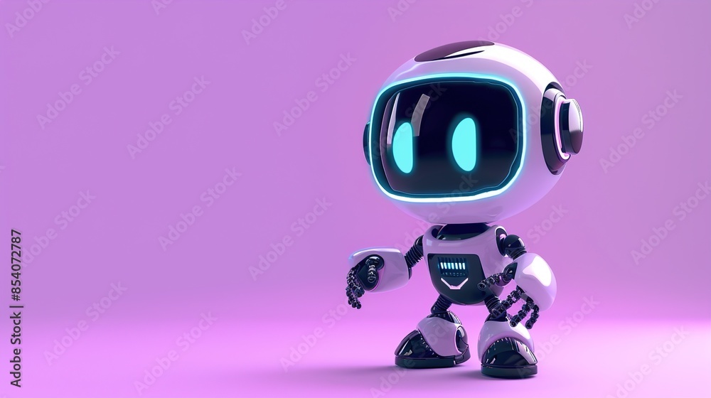 A cartoon robot advertising a tech gadget on a lavender background. A cartoon robot advertising a tech gadget on a lavender background.