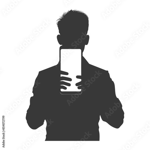 Silhouette Man Holding Up Illuminated Blank Phone Screen.