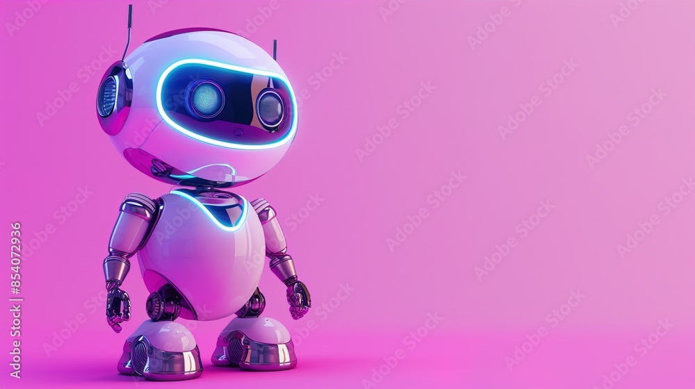A cartoon robot advertising a tech gadget on a lavender background. A cartoon robot advertising a tech gadget on a lavender background.