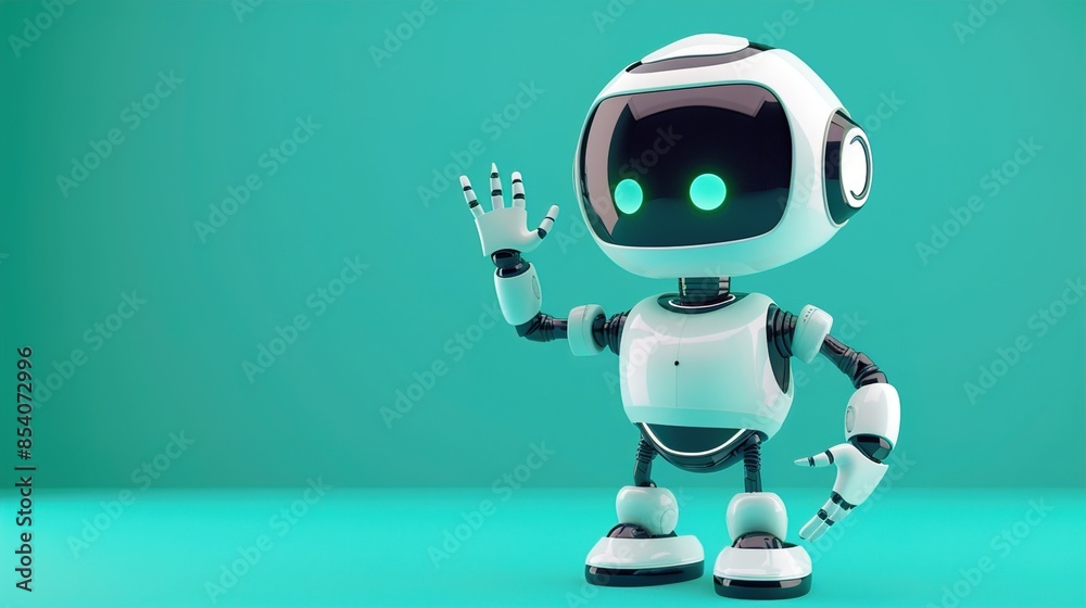 A cartoon robot waving hello on a teal background. A cartoon robot waving hello on a teal background.