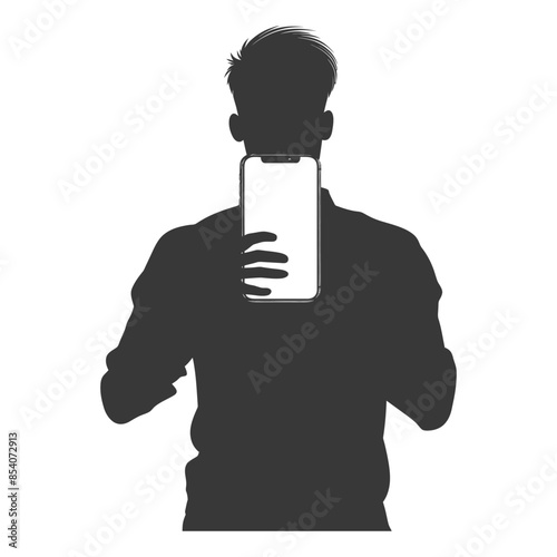 Silhouetted Man Holding Up Blank Phone Screen, Back View, Isolated on White.