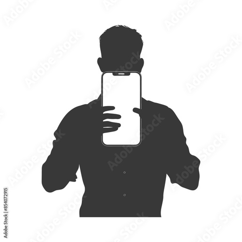 Silhouette Man Holding Up Blank Smartphone Screen, Isolated.