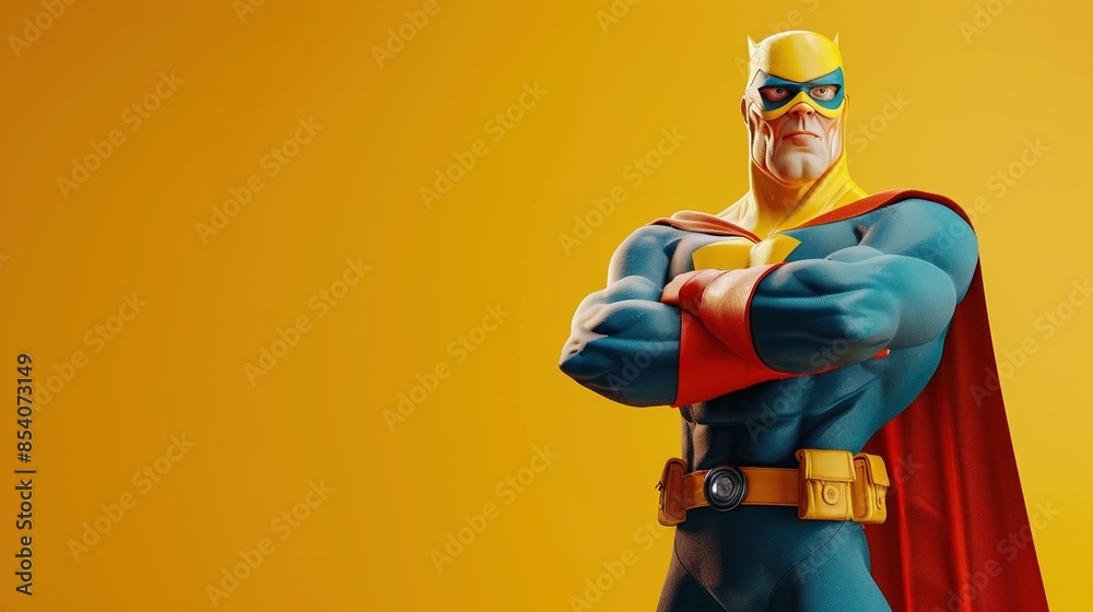 A cartoon superhero standing with arms crossed on a bright yellow background. A cartoon superhero standing with arms crossed on a bright yellow background.