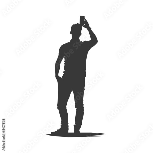 silhouette man taking selfie photo on smartphone with poses black color only
