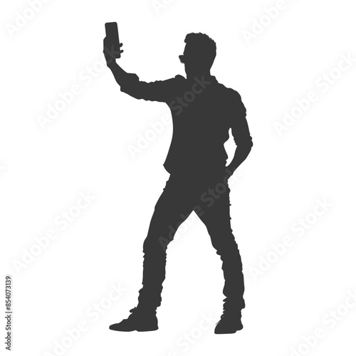 silhouette man taking selfie photo on smartphone with poses black color only
