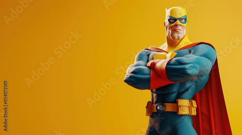 A cartoon superhero standing with arms crossed on a bright yellow background.