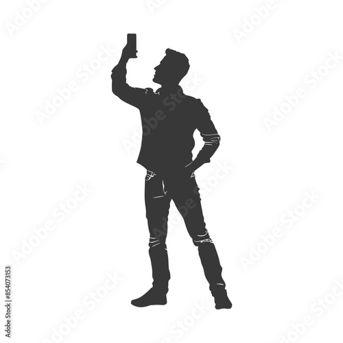silhouette man taking selfie photo on smartphone with poses black color only