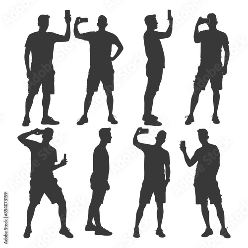 silhouette man taking selfie photo on smartphone with poses black color only