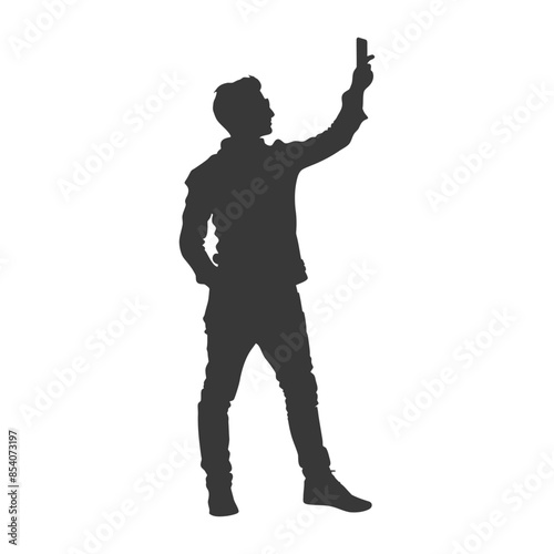 silhouette man taking selfie photo on smartphone with poses black color only
