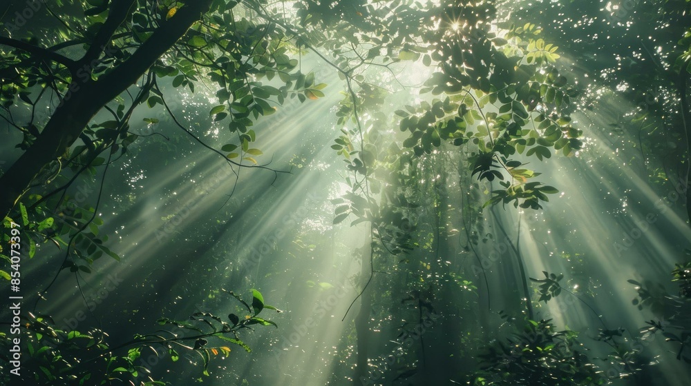 Obraz premium Sunlight filters through the dense leaves and branches of tall trees, creating bright, warm rays in a green forest.