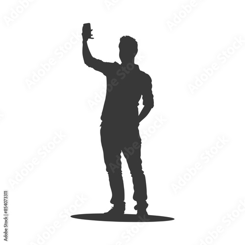 silhouette man taking selfie photo on smartphone with poses black color only