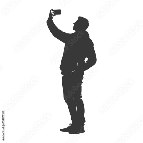 silhouette man taking selfie photo on smartphone with poses black color only