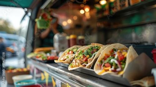 Three tacos filled with fresh vegetables and meat are displayed on a food truck counter. There are colorful ingredients in the background.
