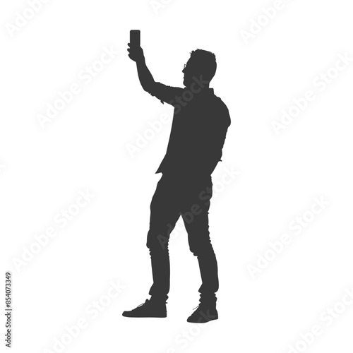 Silhouette of Man Taking Selfie, Shirt Open, Holding Phone High.