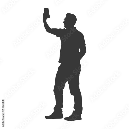 Silhouette of Man with Phone: Casual Pose, Isolated on White, Self Portrait.