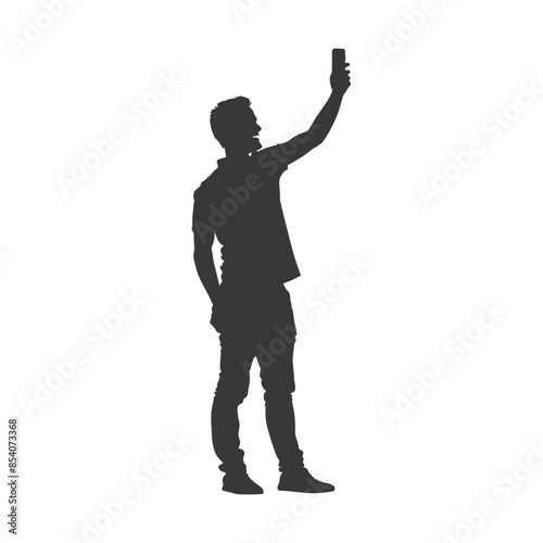 Silhouette of Young Man Taking Selfie with Smartphone, Hand in Pocket, White Background.