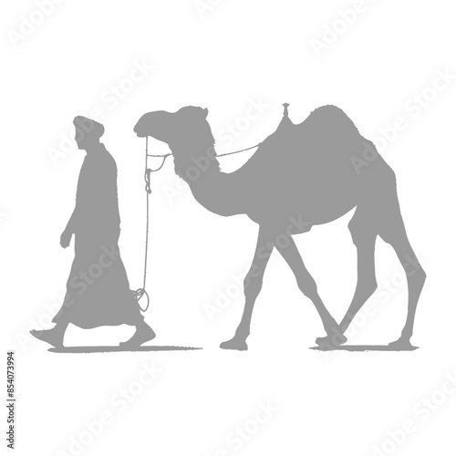 Silhouette of Bedouin Walking with Camel, Desert Travel Icon