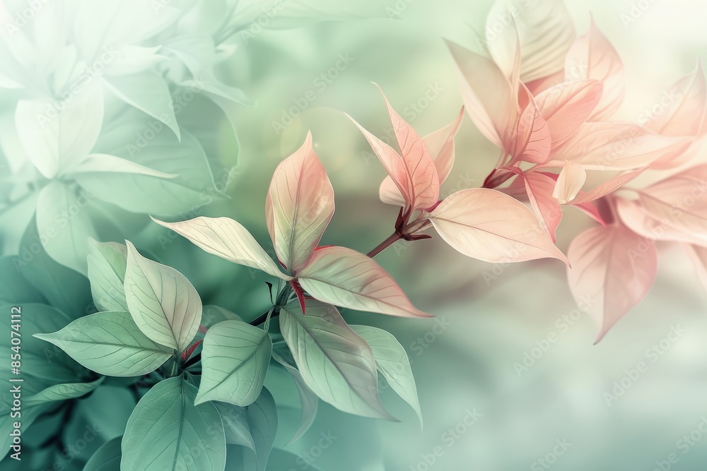 Fototapeta premium Elegant image of soft pastel leaves with a delicate gradient background, perfect for nature themes and artistic designs.