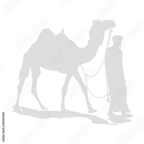 Monochrome Mirage: Desert Silhouette of Bedouin and Camel.