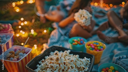 Bowls of popcorn, colorful candies, and snacks sit on a blanket. Soft lights glow in the background, and people relax close by.