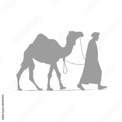 Camel and Bedouin: Grey Silhouette on White Background.