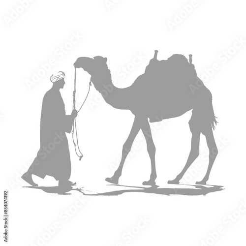 Silhouetted Camel Caravan: Bedouin Guide Leading Dromedary Across Desert Sands.