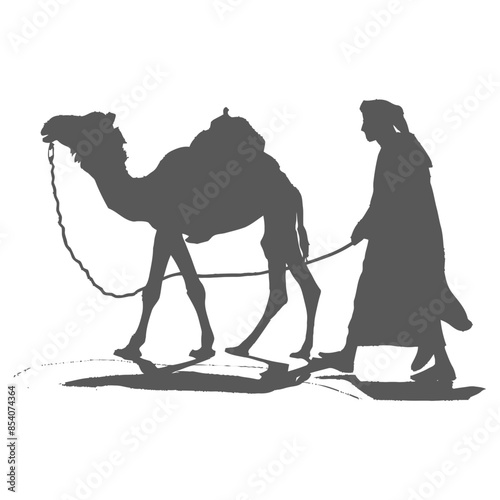 Silhouetted Bedouin Leading Camel: Desert Journey, Traditional Middle Eastern Culture.