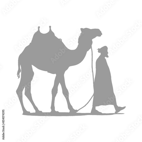 Camel & Handler Silhouette: Desert Journey, Arab Figure, Traditional Garb, Travel.