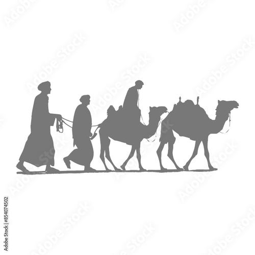 silhouette muslim men walking leading tied camels black color only