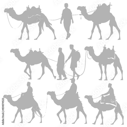 silhouette muslim men walking leading tied camels black color only