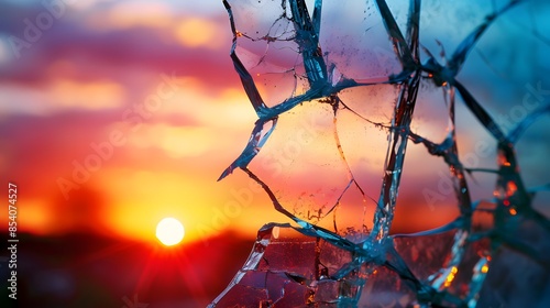 Sunset Through Broken Glass: A sunset viewed through a broken window, with the colorful sky contrasting the jagged edges of the glass.