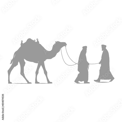 silhouette muslim men walking leading tied camels black color only