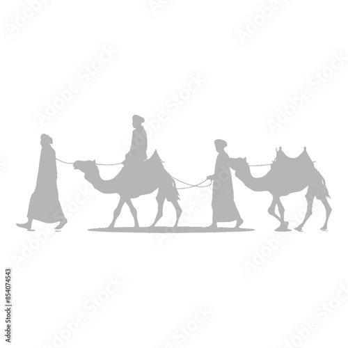 silhouette muslim men walking leading tied camels black color only