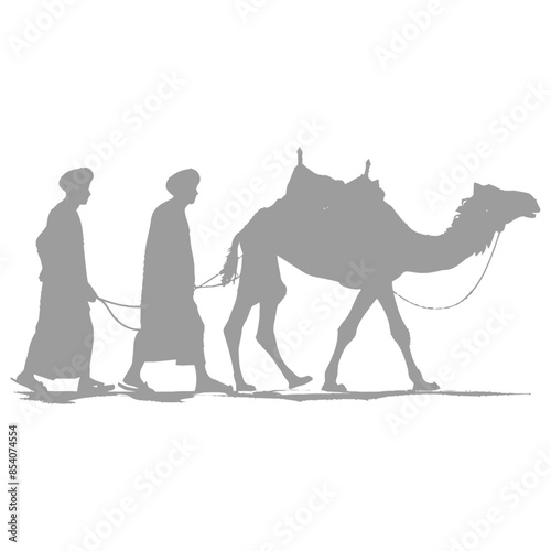 silhouette muslim men walking leading tied camels black color only